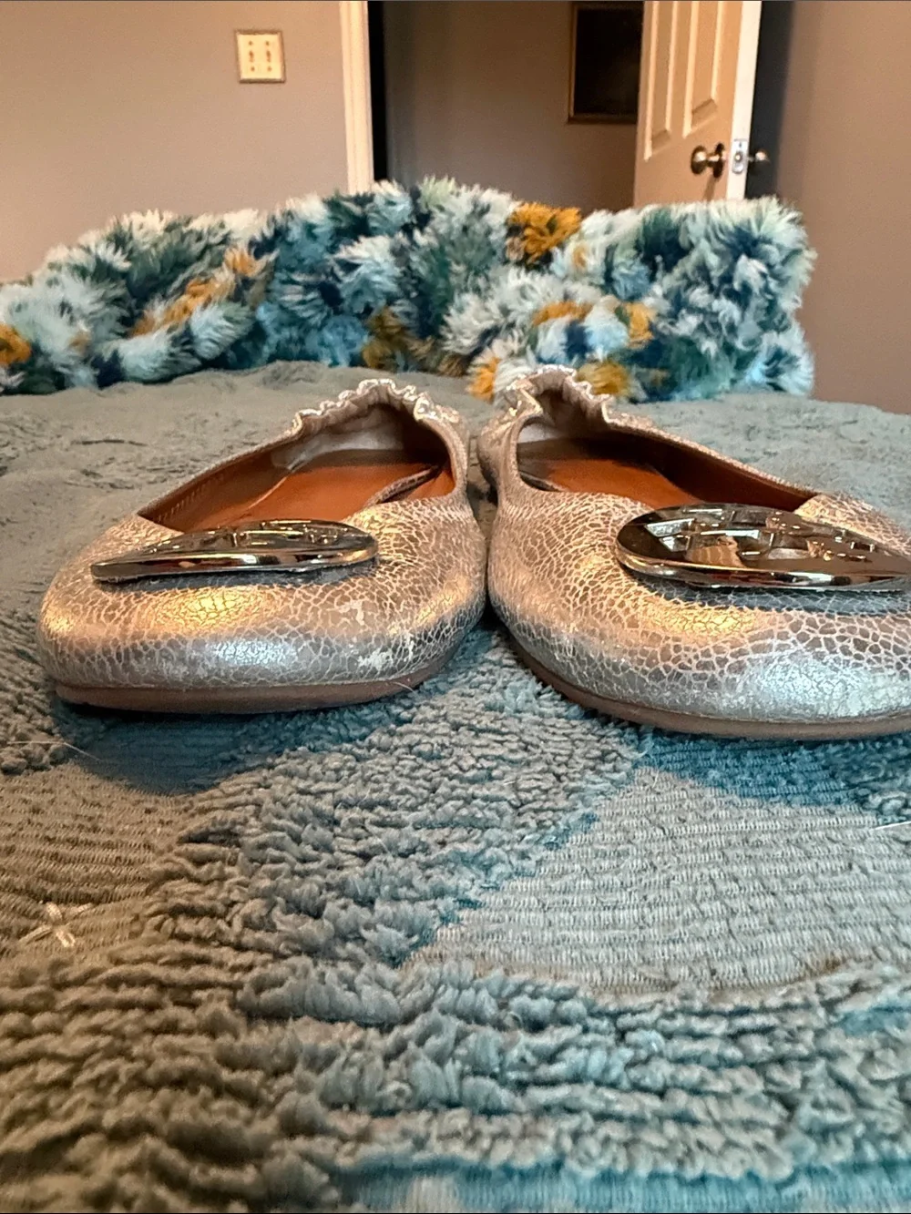 Tory Burch Metallic Silver Riva Logo Ballet Flats